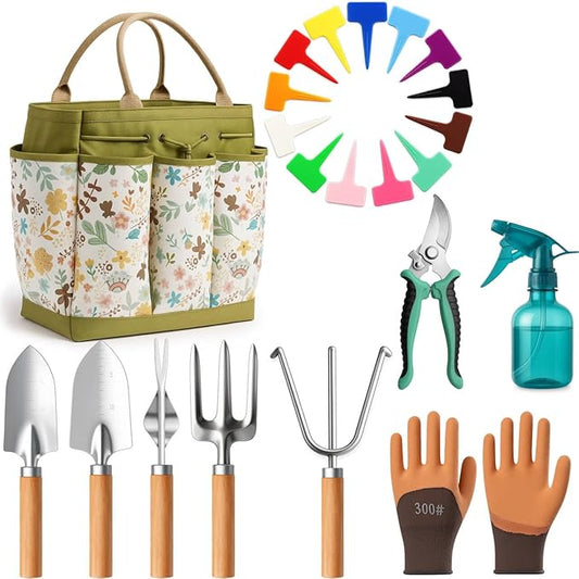 Gardening Tools 10-Piece Heavy Duty Gardening Tool Set with Fashion Durable Tote Organizer Bag, Rust-Proof Non-Slip Hand Tools, Ideal Gardening Gift for Women Gardener Gifts