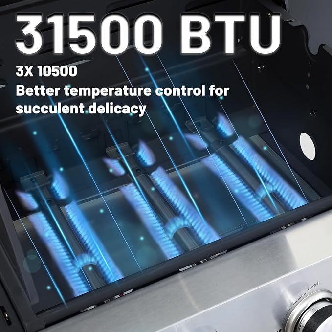 3-Burner Propane Gas BBQ Grill with Side Burner, 40,500 BTU Stainless Steel Gas Grill with Rain Cover for Outdoor, Camping, Barbecue Grilling Backyard Cooking (3+1 burner)