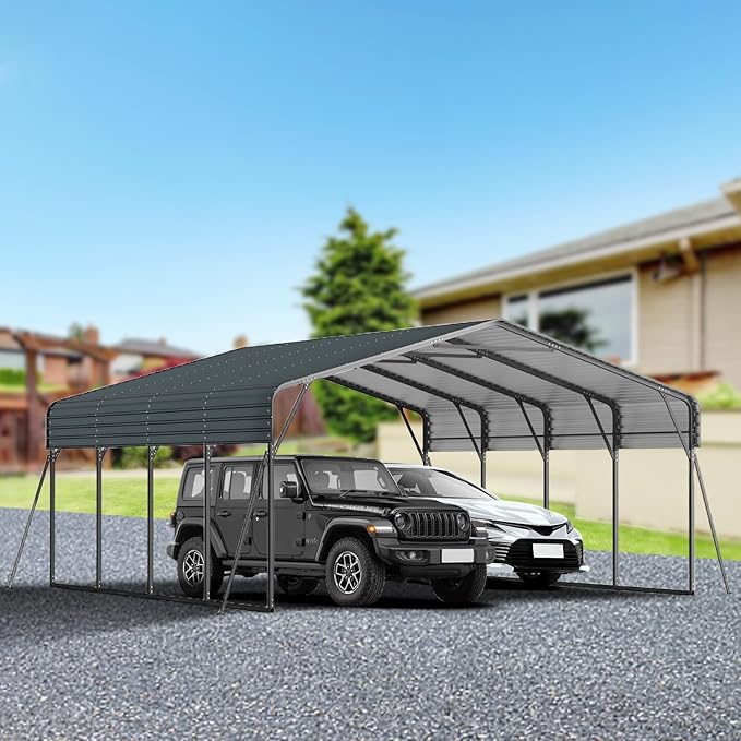 20x20 FT Metal Carport, Heavy Duty Car Port Canopy with Galvanized Steel Roof & Frame, Oversized Metal Carport Kit, Outdoor 2 Car Garage, Steel Car Shelter for Car, Boat, Truck, Dark Gray