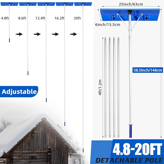 Gisafai Snow Roof Rake Snow Removal Tool with 5 Section Tubes 25 Inch Blade Adjustable 4.8-20 ft Reach Aluminum Shovel Rugged Slide for Single Cabins Car Roof(Blue)