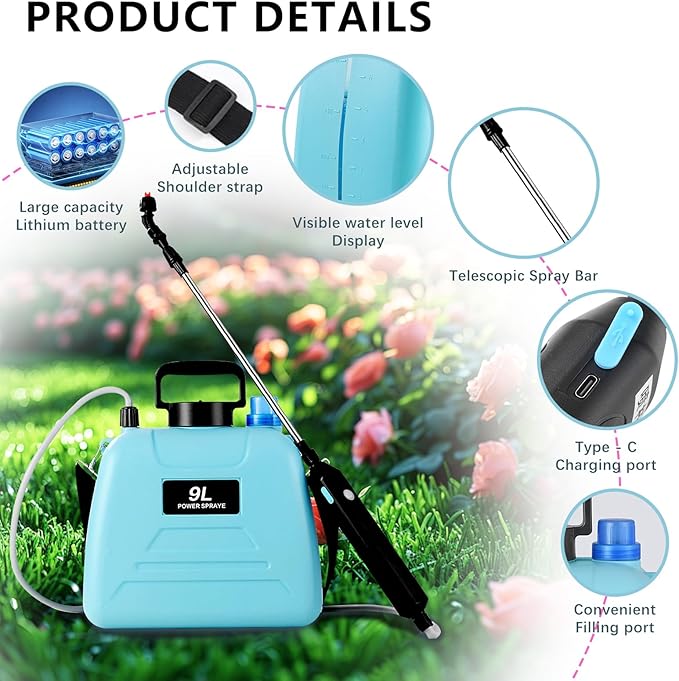 Battery Powered Sprayer, 2.4 Gallon Electric Garden Sprayer, Automatic Power Weed Spray Battery Operated with Adjustable Shoulder Strap and Rechargeable Handle for Yard, Lawn, 3 Mist Nozzles (Blue)