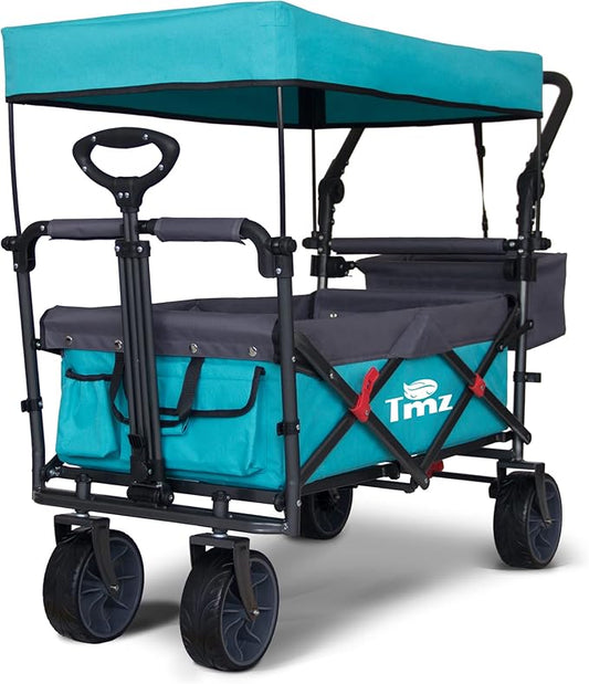 TMZ Collapsible Folding Outdoor Utility Wagon with Removable Canopy - 265lbs Heavy Duty Trolley with Rubber Wheels, Adjustable Handles, Rear Basket, for Shopping, Picnic, Camping (Turquoise/Grey)