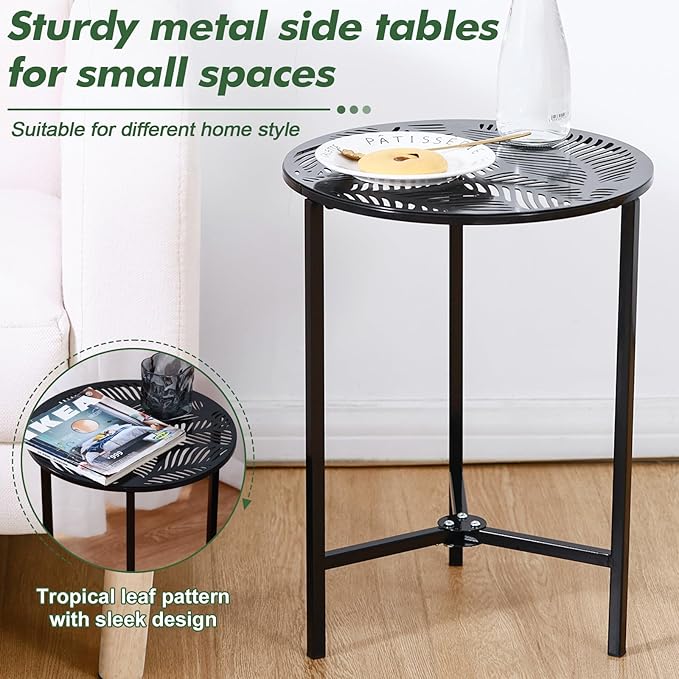 1 Packs 13" Metal Outdoor Side Tables Small Black Outside End Table for Patio Round Accent Corner Stand for Small Spaces Weather-Resistant Coffee Table for Balcony Porch Plant Stand, Tropical Leaves