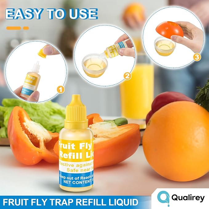 Qualirey Fruit Fly Trap for Indoor and Kitchen Use, 0.68 oz Each Bottle Fruit Fly Trap Refill Liquid, Ready to Use, Safe Near Food, Efficient Lure Refill Liquid, Yellow(16 Pack)