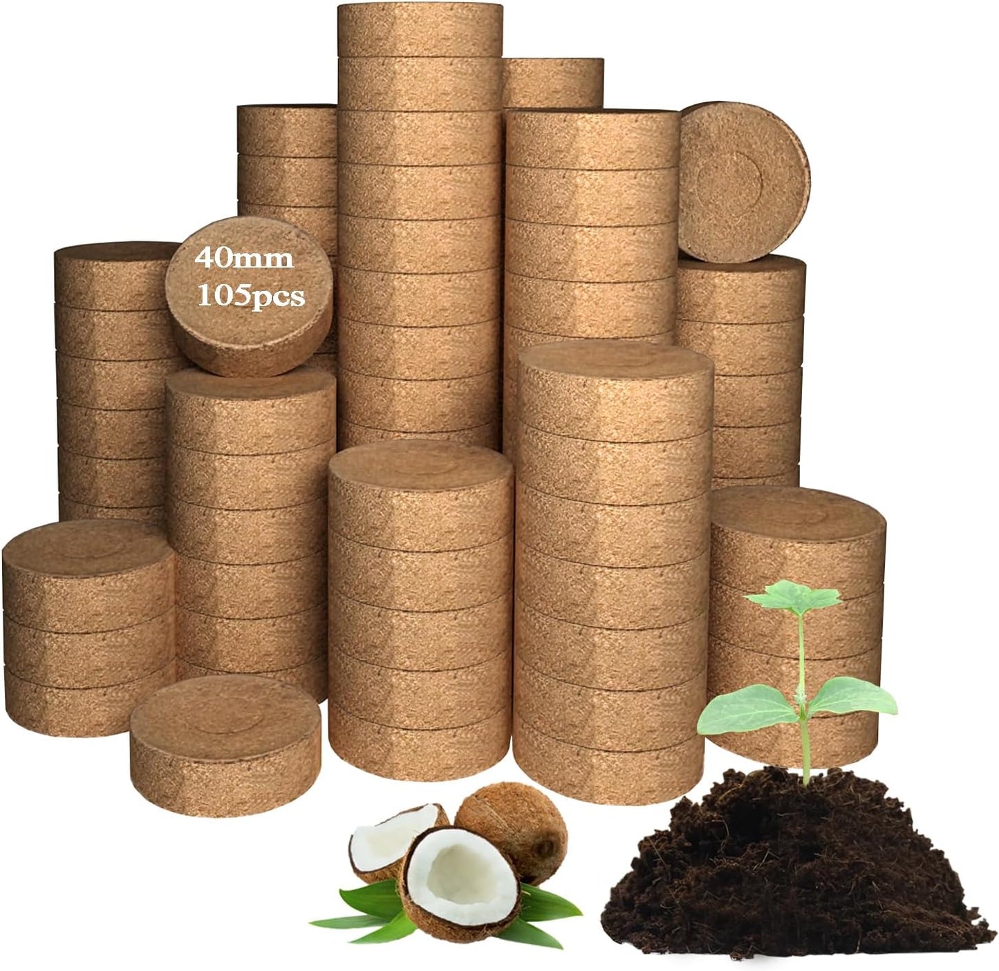 105 Pcs 40mm Compressed Coconut Coir Potting Soil,Coco Coir Pellets for Plants,Coco Fiber Pellets for Planting, Garden, Bonsai, Vegetables & Flower