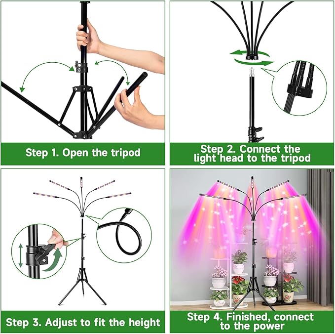 Garpsen Grow Light with Stand, 5 Heads Grow Lights for Indoor Plants, 100 LEDs Full Spectrum Led Plant Light for Seed Starting, with 15-63" Adjustable Tripod&6/12/16H Timer