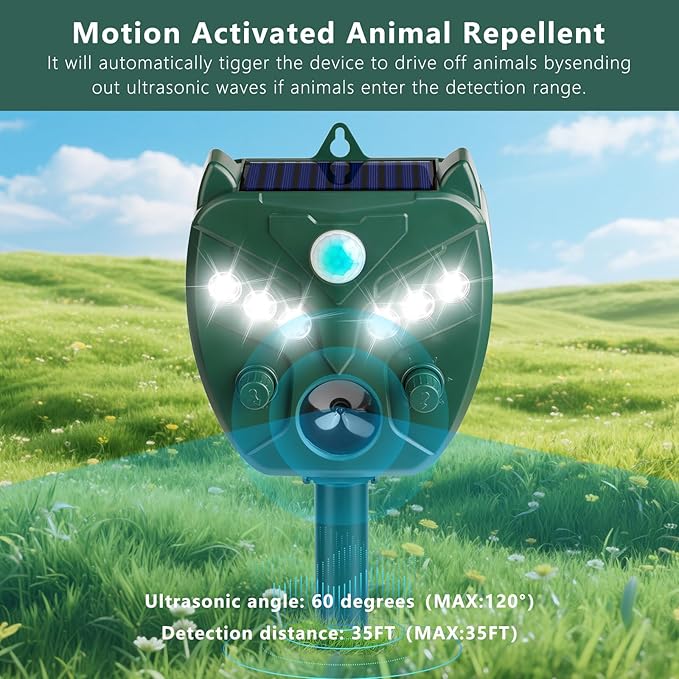 2 Pack 2025 Ultrasonic Animal Repellent Outdoor Deer Repellent Devices Solar Animal Repeller Motion Activated Deterrent to Scare Cat Squirrel Rabbit Raccoon Skunk with LED Flash Lights for Yard Lawn