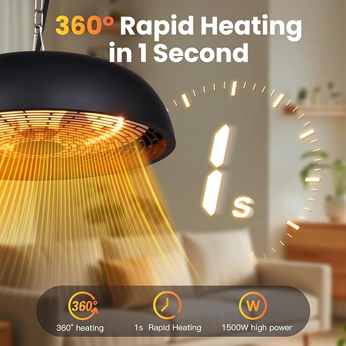 Infrared Electric Patio Heater, 1500W Outdoor Heaters for Patio with Overheat Protection,1500W Hanging Ceiling Mounted Infrared Patio Heater with IP55
