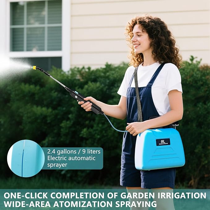 Battery Powered Sprayer, 2.4 Gallon Electric Garden Sprayer, Automatic Power Weed Spray Battery Operated with Adjustable Shoulder Strap and Rechargeable Handle for Yard, Lawn, 3 Mist Nozzles (Blue)