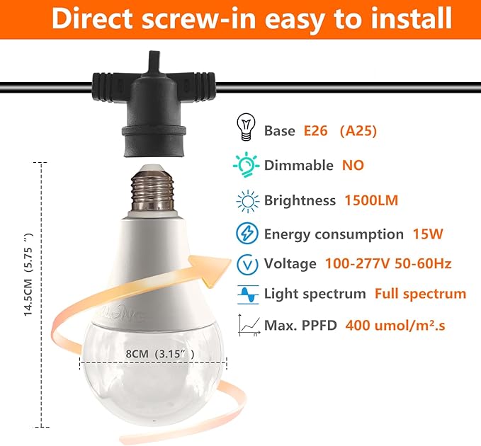 A25 Bulb Plus Size, 15W Grow Bulb,150W Equivalent,LED Grow Light Bulbs, Full Spectrum Grow Lighting, Plant Light Bulbs E26 Base, Grow Light for Indoor and Outdoor Plants (Grow Bulb 2-Pack)