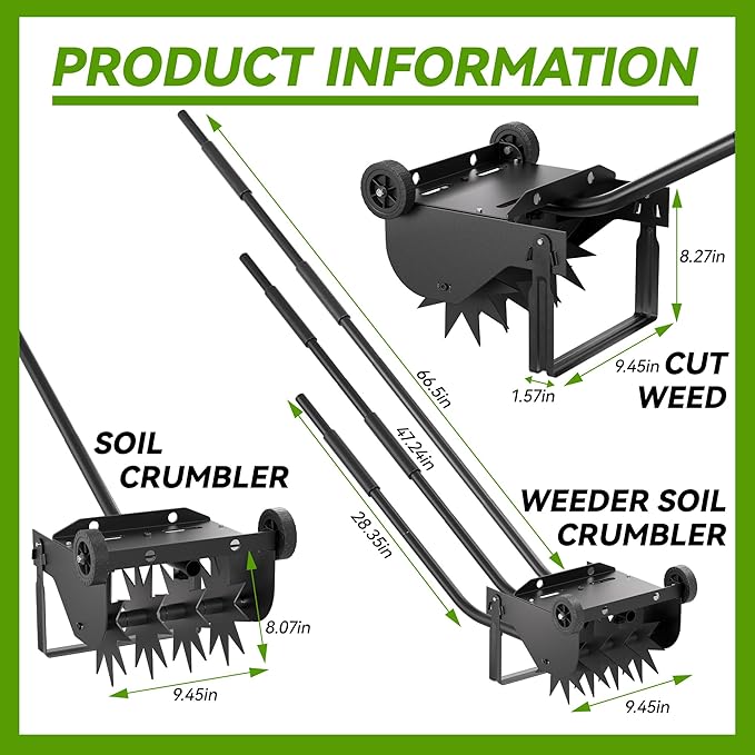 Rotary Cultivator Tool, 2-in-1 Garden Weeder and Crumbler Soil Tiller for Gardening, Hand Garden Tiller with 66.5 Inch Adjustable Foam Handle