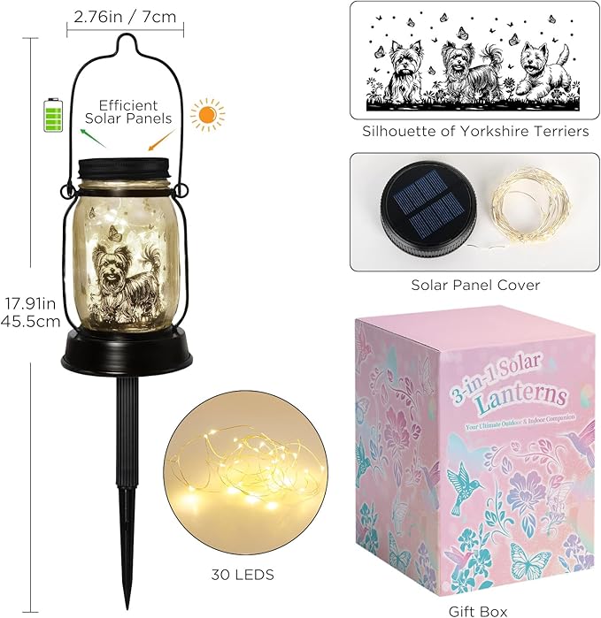 Yorkie Dog Gifts for Women/Men Yorkshire Terrier Solar Lanterns Mom Birthday Dog Lovers Lantern Pet loss Pet Memorial Lights Solar Garden Decoration for Yard, Patio,Backyard,Porch Torches Light