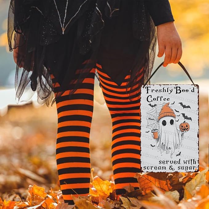 Halloween Rustic Metal Tin Sign Freshly Boo’d Coffee Vintage Fall Decor Retro Tin Plaque Kitchen Wall Art Metal Poster Home Iron Painting Wall Decor 8x12inch