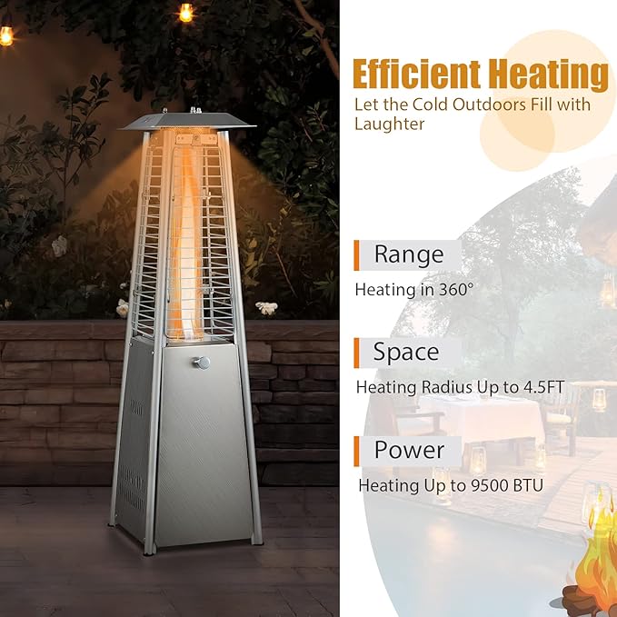 ARLIME Pyramid Patio Heater, Outdoor Propane Patio Heating Machine w/Protective Cover, Dump & Flame-out Protection, 10000 BTU Space Heater for Terrace, Patio, Backyard, Garden (Silver)