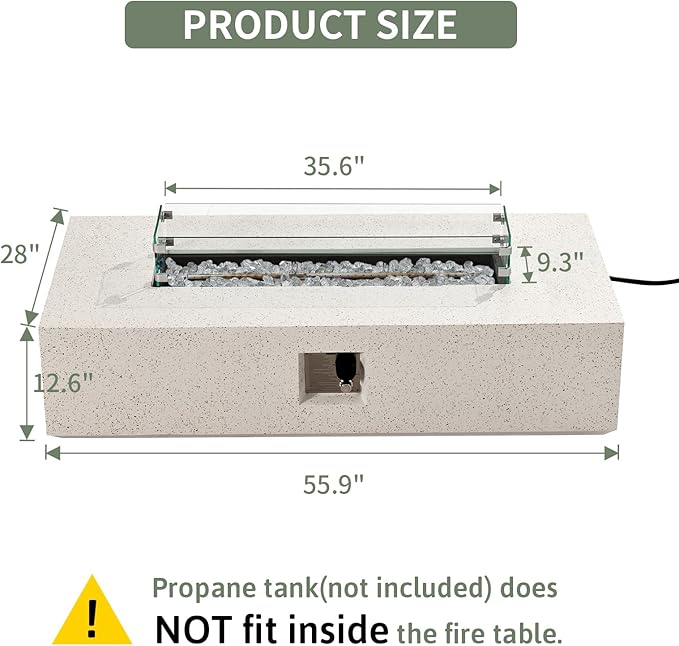 COSIEST Outdoor Propane Fire Pit Table, 56" x 28" Rectangle Terrazzo White Concrete-Like Finish, CSA Certified, 50,000 BTU Stainless Steel Burner w Transparent Gray Fire Glass, Wind Guard, Raincover