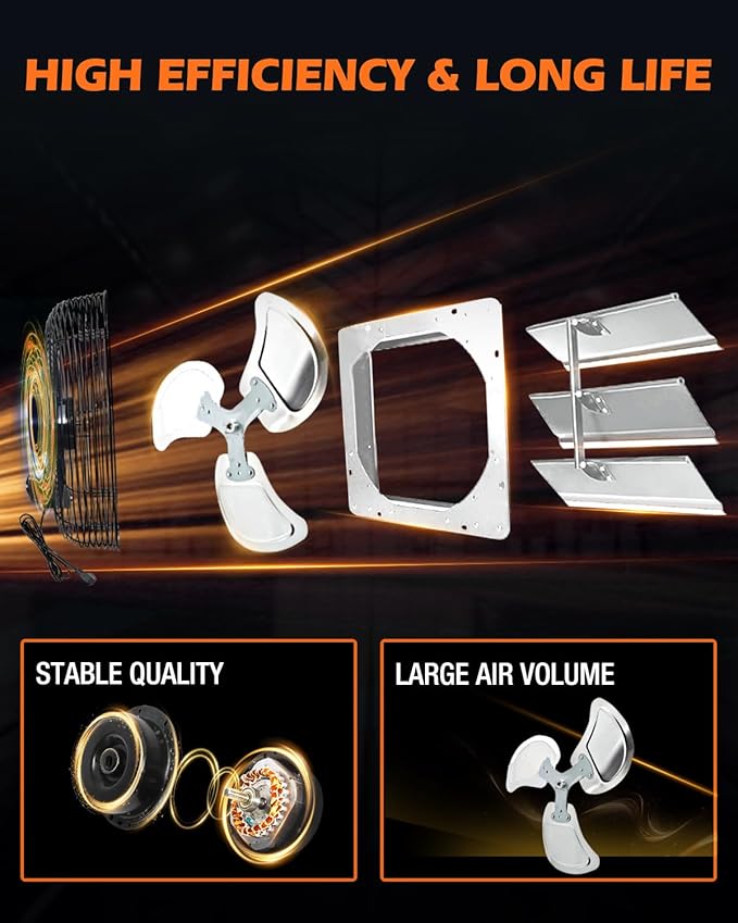 JVO 12 Inch Shutter Exhaust Fan 1450 CFM High-Powered Ventilation, Ideal for Attics, Greenhouses, Garages and Chicken Coops - Wall Mount for Easy Installation (No Power Cord Included)