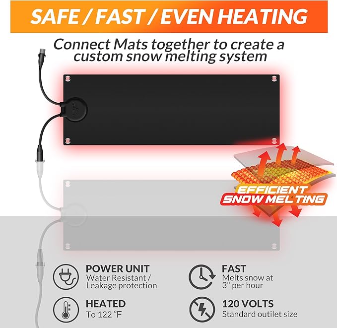 Walensee Snow Melting Mats for Stairs, 10" x 30" Graphene Heated Outdoor Mats with Plug, No-Slip Rubber Snow Heating Mats, 3 in/h Speed, Ice Melts Pads for Winter Sidewalks, Steps, Decks Snow Removal