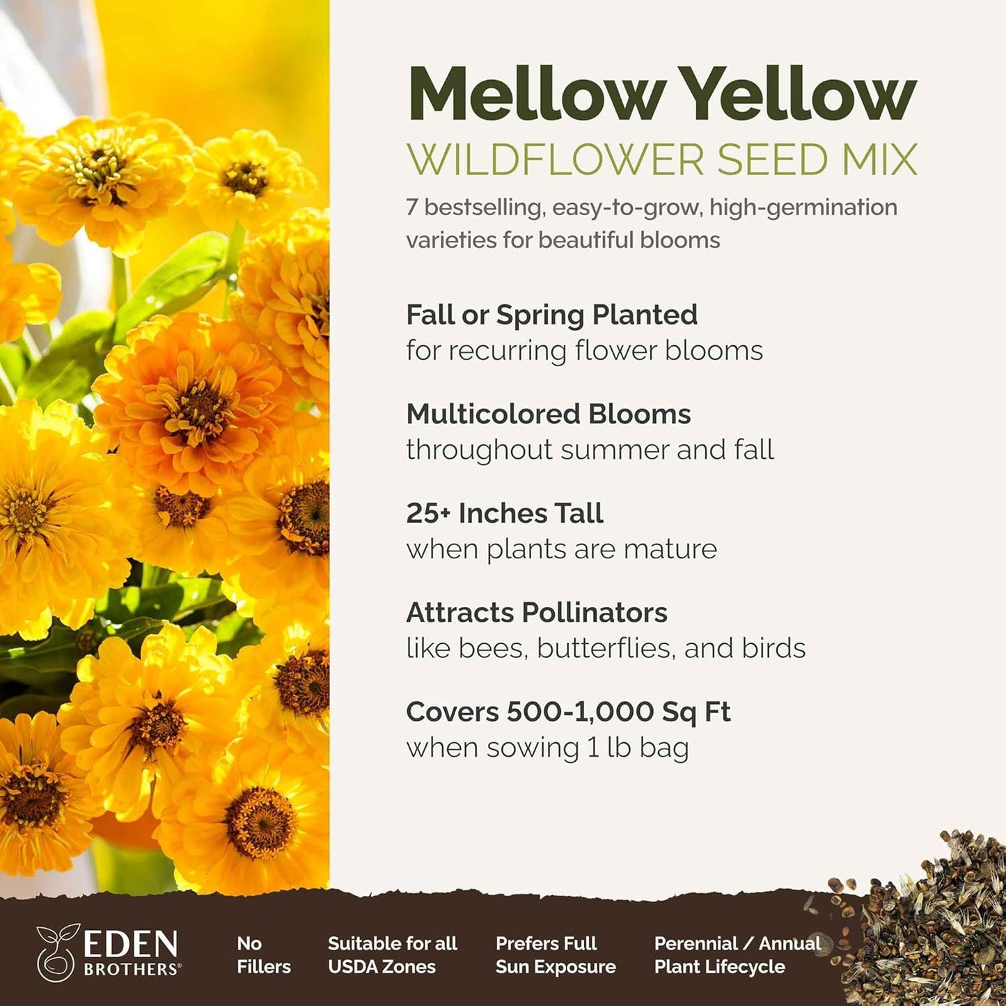 Eden Brothers Mellow Yellow Flower Mixed Seeds for Planting, 1 lb, 480,000+ Seeds with Painted Daisy, Zinnia, Cosmos | Attracts Pollinators, Plant in Spring or Fall, Zones 3, 4, 5, 6, 7, 8, 9, 10