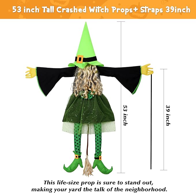 53" Halloween Crashing Witch Decoration – Green Flying Witch Tree Prop for Yard, Porch, Patio, Lawn – Funny Outdoor Halloween Decor for Garden, Fence, and Door