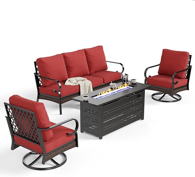 4 Piece Black Metal Outdoor Patio Furniture Sets with Firepit Table, Patio Conversation Sets 1 3-Seater Sofa, 2 Swivel Sofa with 5.75" Thick Cushion Backyard Furniture for Deck, Red