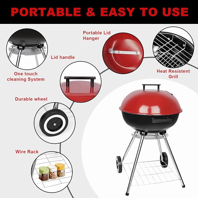 Charcoal Grills, Outdoor BBQ Grill with Side Table, Charcoal Grill with Wheels for Outdoor Grilling/Tabletop Cooking-Red
