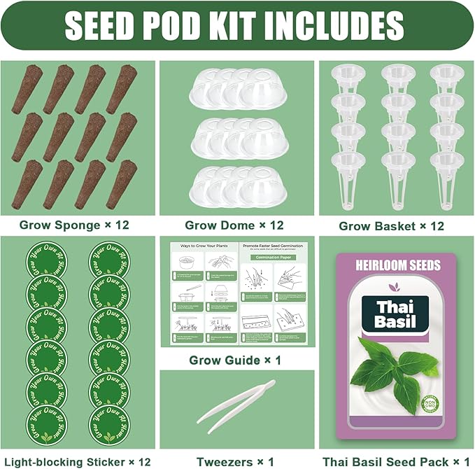 Basil Seed Pods for All Hydroponics Growing Systems, 12 Pods Herb Kit with 400+ Seeds of Thai Basil, Grow Your Own Herb Garden at Home