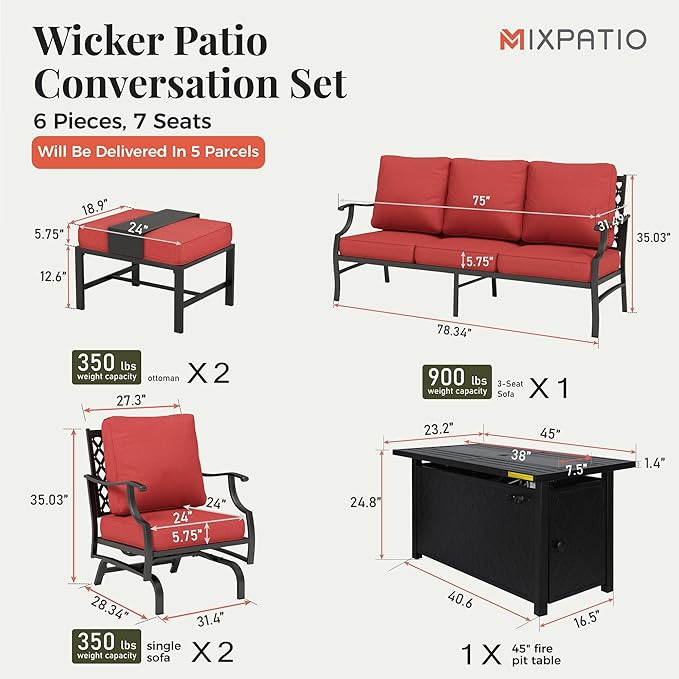 Patio Furniture Set, 6 Pcs Metal Outdoor Conversation Set, 2 Rocker Chairs, 2 Ottomans and 3 Seater Sofa with 5.75" Extra Thick Cushion and Gas Fire Pit Table, Red