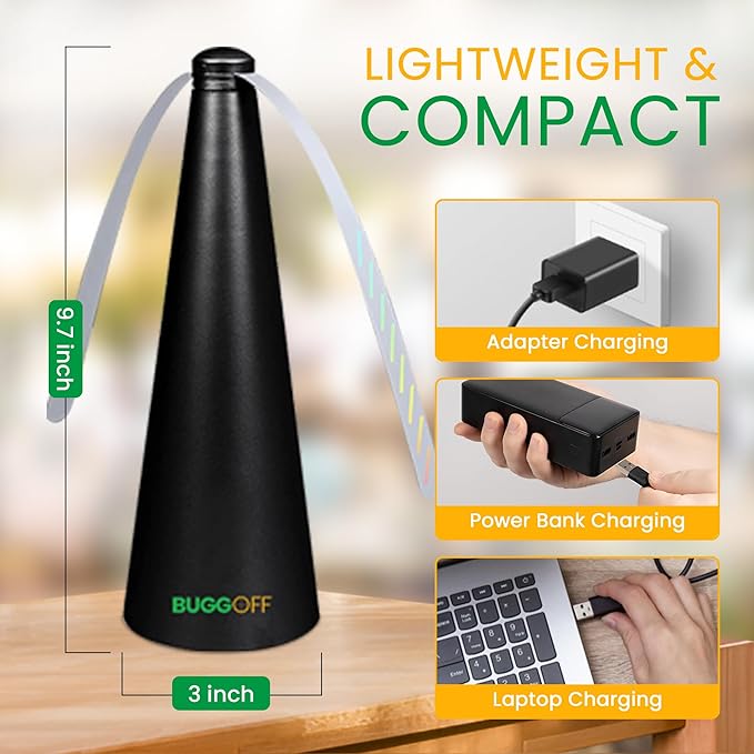 BUGGOFF White Fly & Flying Insect Repellent Fan with Twin Blades, Table top & Hangable, Battery Powered or 5V Plug in, Batteries NOT Included. Safe Blades with Auto Stop. (1 Pack)