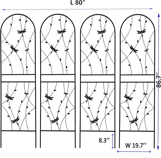 4 Pack Metal Garden Trellis 86.7" Tall Outdoor Climbing Plant Support for Roses, Flowers, Rustproof Durable Black Galvanized Tube, Lawn Garden Fence Decor Screen (4, Black dragonflies-86.7" H)