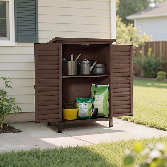 MCombo Outdoor Storage Cabinet, Small Storage Shed with Removable Shelf, Wood Garden Shed with 2 Doors for Yard Patio Lawn (24.6 x 18.3 x 38.2 inch) 0985 (Brown)