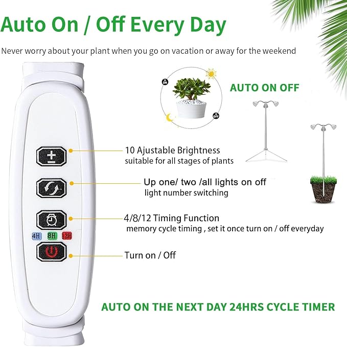 Grow Lights for Indoor Plants Full Spectrum with Detachable Tripod Stand, 10-55 Inches Height Adjustable Aluminum Alloy Indoor Plant Grow Lamp with Auto On/Off Timer Function