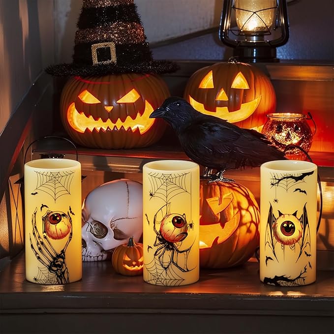 Eldnacele Halloween Flameless Flickering Candles with Timer, Battery Operated Spider Eyeballs, Bat Eyeballs, Skeleton Hand Eyeballs Decals Real Wax LED Pillar Candles Horror Spooky Decor(3pcs,D3×H6)