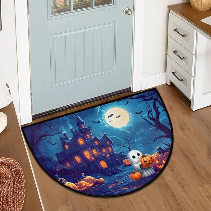 Halloween Half Round Door Mat, Halloween Castle Pumpkin Ghosts Semicircle Door Mats, Non Slip Area Rug Soft Doormat for Indoor Entrance Wear Resistant Welcome Mat for Garage Patio Home 24 x 36 In