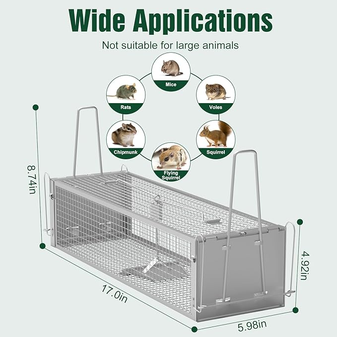 Humane Rat Trap, Dual Door Metal Mouse Cage Traps and Other Small Live Animals Cage, Mouse Trap with 2 Detachable U Shaped Rod, Easy to Catch and Release, Work for Indoor Outdoor