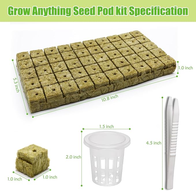 Windspeed 202Pcs Rockwool Planting Cubes Set 1 Inch, 100P Rockwool Starter Plugs with 100P 1.5 in Hydroponics Net Cup 2 Tweezers Rockwool Cubes for Hydroponics Rooting,Starting Seeds,Clone Plants