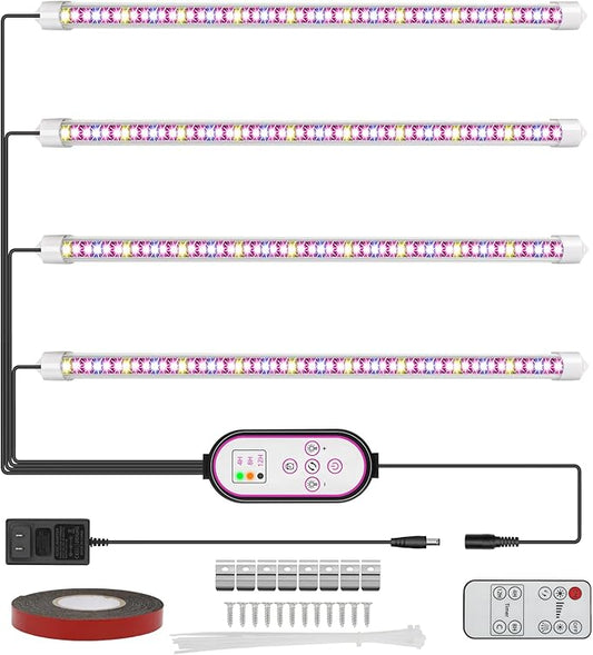 4 Pack Plant Grow Light Strip,LED Growing Lamp for Indoor Plants, Full Spectrum Plant Lights with Auto ON/Off Timer, 10 Dimmable Brightness, 3 Switch Modes, Dual Controllers