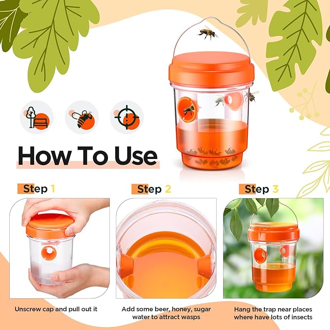 Qualirey 6 Pcs Wasp Traps for Outdoors Wasp Killer Hanging Bee Traps Reusable Fly Bee Killer for Indoor Outdoor Patio Garden Home (Orange)