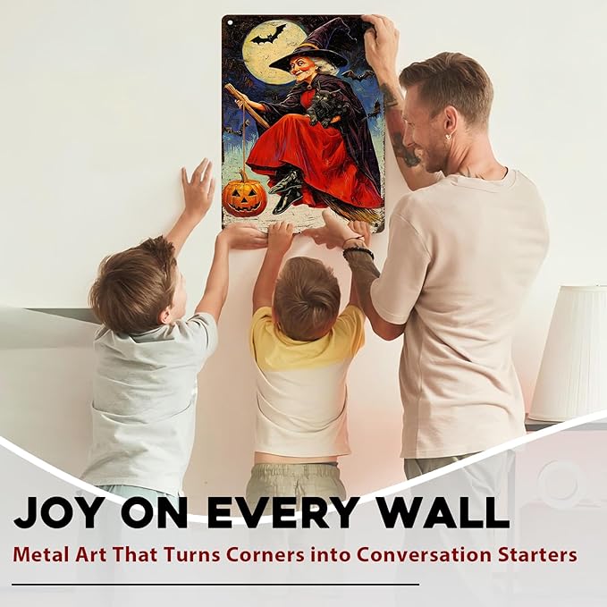 Witch Flying Broom Vintage Sign Halloween Cat Metal Tin Sign Full Moon Bat Pumpkin Poster 12x16inch