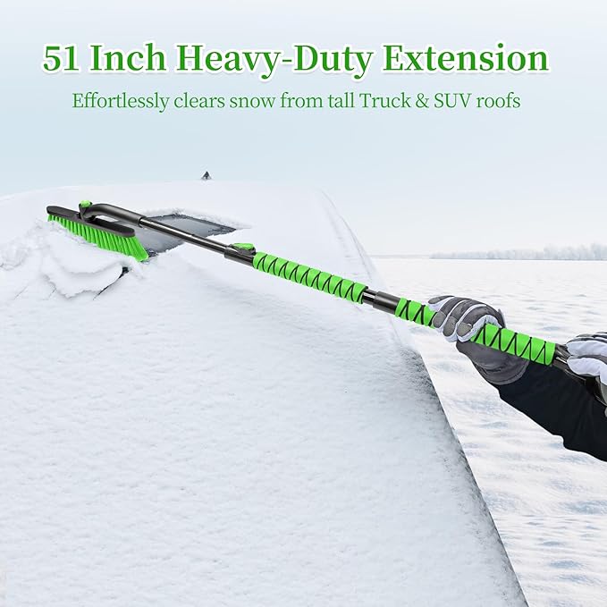 HEEYA 51 Inch Snow Brush for Trucks, Extendable Long Handle Ice Scraper with Brush with Foam Grip, SUV Heavy Duty Snow Brush with Ice Scraper for Car Auto Jeep RV Vehicle Windshield Window - Green