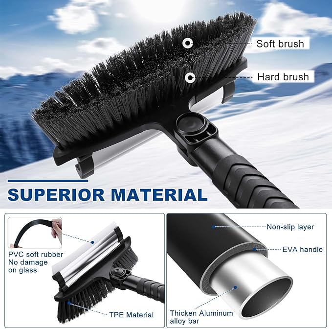 57" Long Snow Brush Ice Scraper | Extendable | Multipurpose | Easy to Use | Antifreeze Gloves | 270° Pivoting | Snow Ice Removal | Fit for Car SUV MPV Truck Van Windshield Window Roof Gift