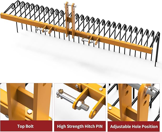 YITAMOTOR 72" Durable Powder Coated Steel Pine Straw Rake Steel Spring Landscape Rake Attaches to Cat-0 Cat-1,3 Point Hitch for Tractor, Yellow Black