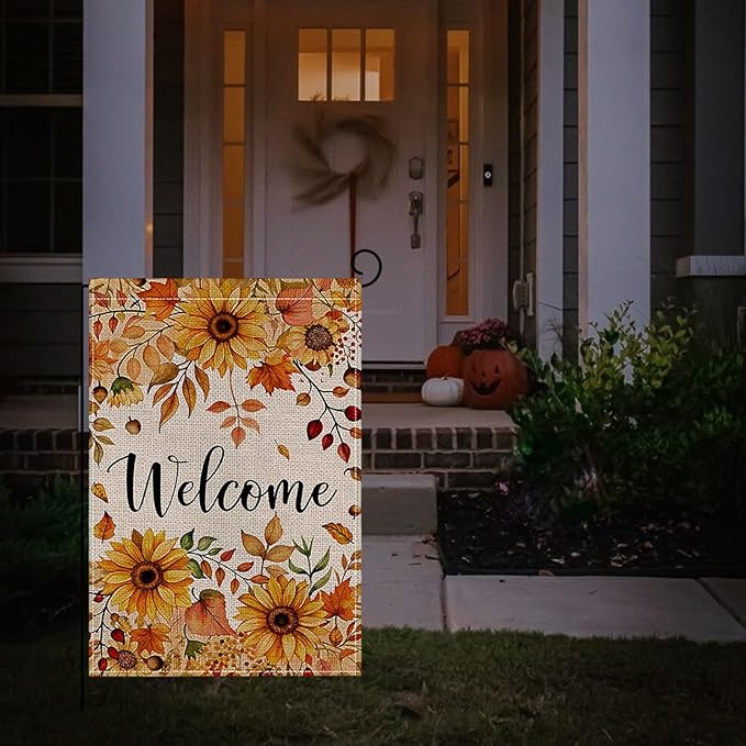 Fall Garden Flag 12 x 18 Inch Double Sided Welcome Sunflower Maple Leaves Designs Autumn Burlap Yard Flag for Outside Rustic Yard Outdoor Holiday Home Decoration