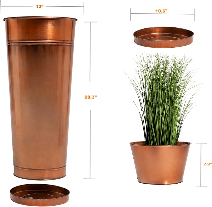 28in Tall Copper Planters Set of 2,Galvanized Steel Tall Outdoor Planter for porches/Indoor/terraces Patio- Copper Color(2planters,2inner pots with Holes, 2trays)