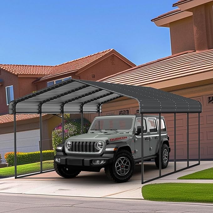 12x20FT Metal Carport Kits, Heavy Duty Car Ports with Galvanized Metal Roof, Outdoor Garage Car Shelter Shade for Car, Boats and Truck (Dark Gray)