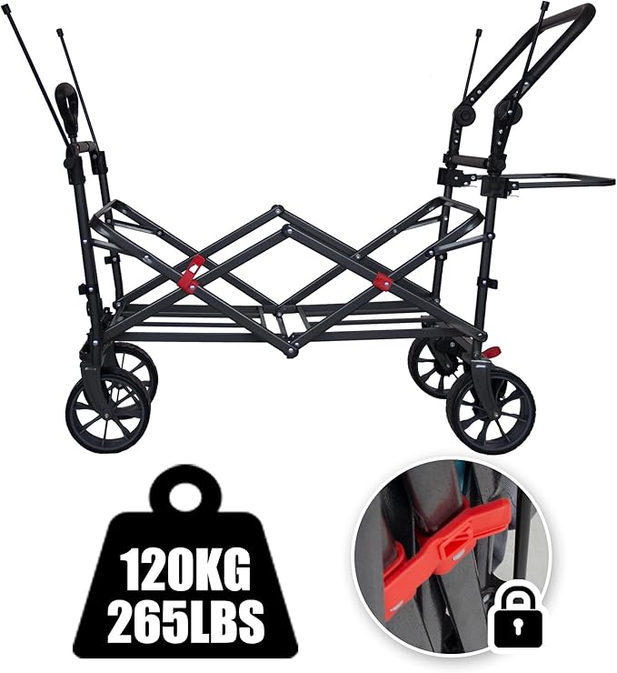 TMZ Collapsible Folding Outdoor Utility Wagon with Removable Canopy - 265lbs Heavy Duty Trolley with Rubber Wheels, Adjustable Handles, Rear Basket, for Shopping, Picnic, Camping (Beige/Green)