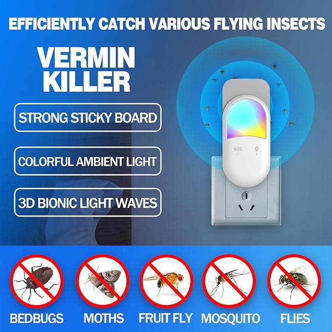 Fly Insect Trap,Indoor Plug-in Fly Traps for Flies, Fruit Flies, Moths, and Other Flying Insects,Moths Killer with Night Light (1Devices + 5 Glue Cards)