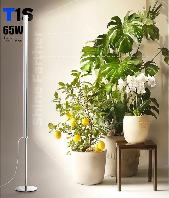 Barrina T1S Standing Grow Light for Indoor Plants with Timer, 65W 660nm High PPFD Tera Series Vertical Full Spectrum Grow Lights Adjustable Height 5FT-5.6FT, Foot Switch, Non-Glare Design, Silver