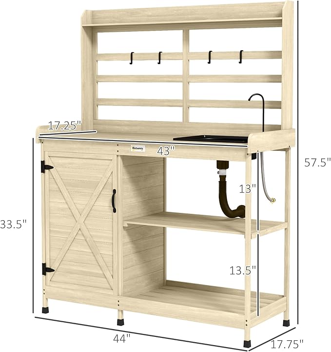 Outsunny Outdoor Wooden Potting Bench Table with Sink and Water Tap, Garden Workstation with Storage Cabinet, Storage Shelves for Backyard, Patio, Balcony, Natural