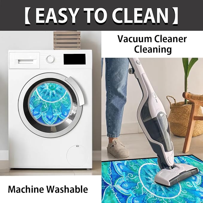 cfpolar Half Round Blue Boho Mandala Semicircle Mat, Non Slip Area Rug Soft Doormat for Front Door Indoor Entrance Welcome Mat for Garage Patio Home Decor 24 x 36 in