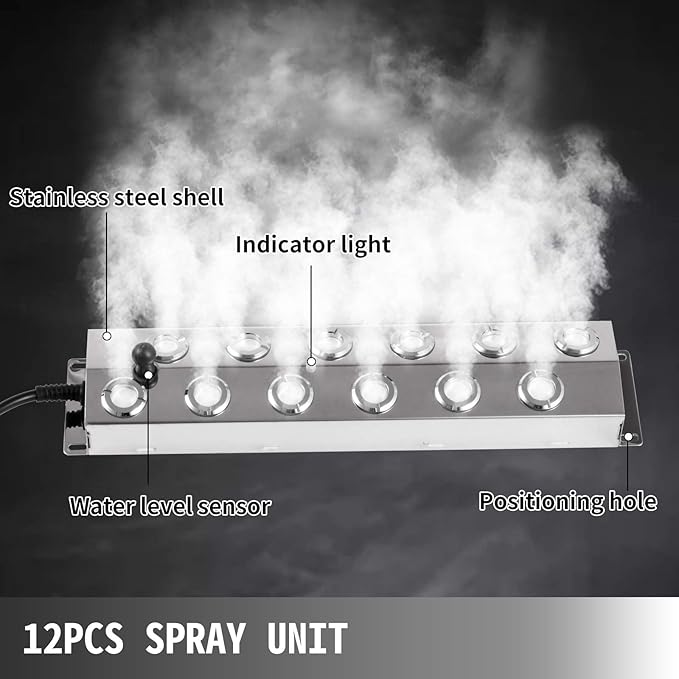 Happybuy Mist Maker 12 Head Ultrasonic Mist Fogger with Waterproof Power Supply Ultrasonic Fogger Humidifier Stainless Steel Pond Mister Fogger 7kg/h
